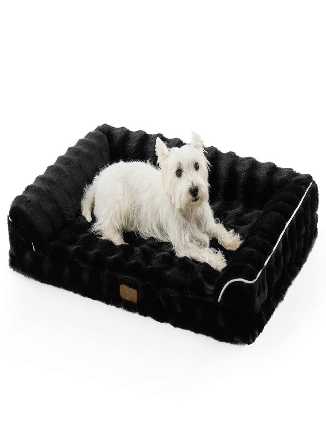 COZY KISS Faux Rabbit Fur Orthopedic Dog Bed, Dog Bed for Large Size, Supportive Foam Pet Sofa with Waterproof Lining Cover, Washable U-Shaped Pet Couch with Anti-Slip Bottom, Black L 36x27x6.5 inch