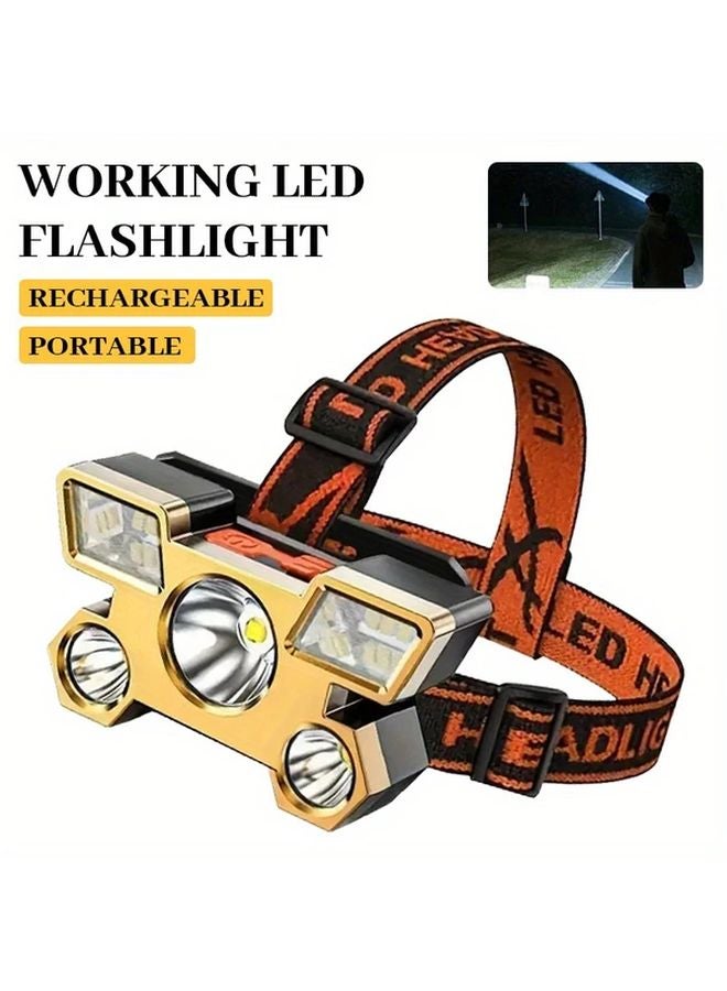 Golden Headlamp 5LED USB Rechargeable Adjustable Emergency Flashlight Metal Housing Long Battery - Image 3