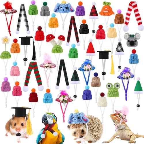 Locmeo 44 Pcs Hamster Hats with Scarf Set Small Animal Hats Bulk Guinea Pig Costume Accessories Cute Tiny Mini Knitted Gift for Small Animals Pets Snakes Lizards Hedgehog Holiday Party - Image 1