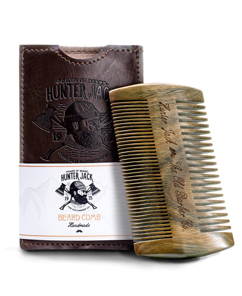 Hunter Jack Sandalwood Beard Comb for Men - Handmade Premium Wooden Beard & Mustache Comb - Fine & Wide Tooth - Travel Pocket Size - Beard Grooming Kit for Men in PU Leather Case by Hunter Jack - Image 1