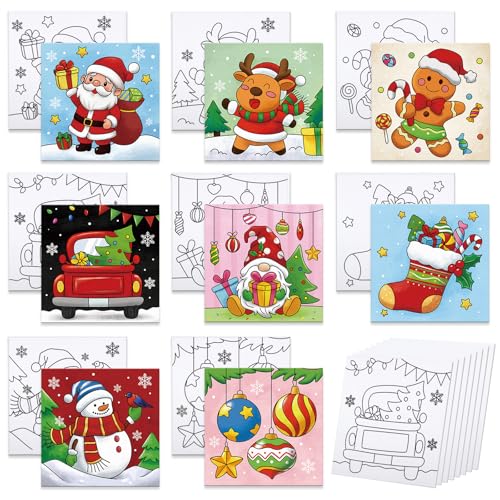 Anseal 8 Packs Christmas Pre Drawn Canvas for Painting 8 X 8 PrePrinted Canvas for Kids Pre Stretched Outline Painting Boards for Beginners Students Party Favor - Image 1
