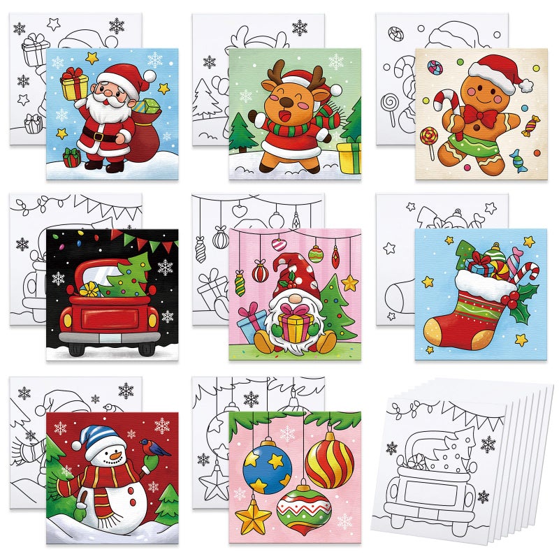 Anseal 8 Packs Christmas Pre Drawn Canvas for Painting 8 X 8 PrePrinted Canvas for Kids Pre Stretched Outline Painting Boards for Beginners Students Party Favor - Image 2