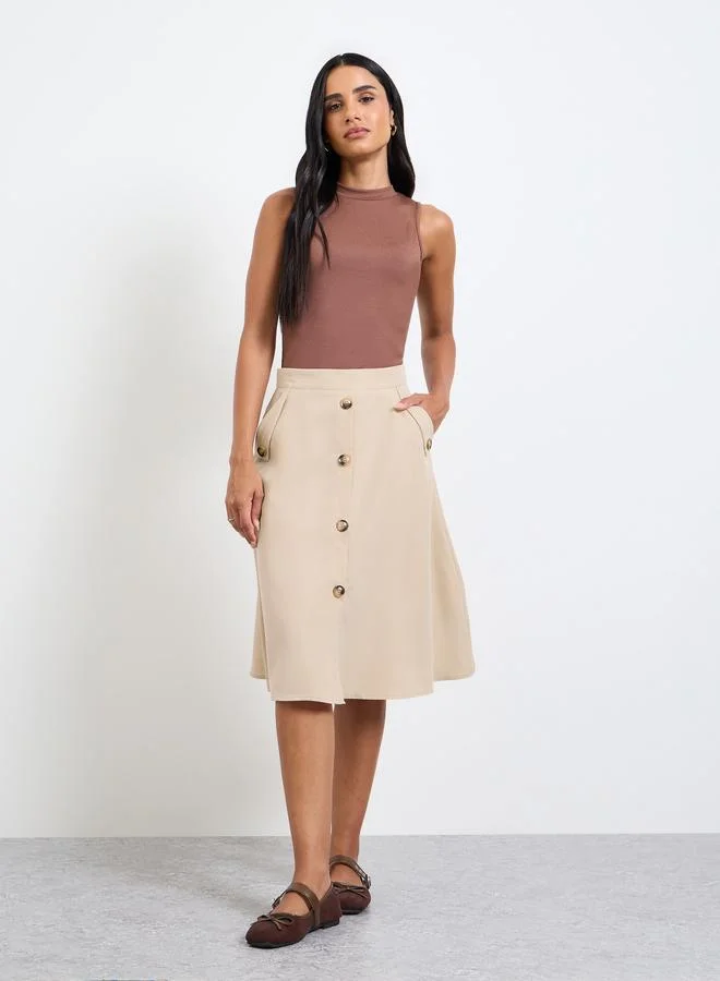 تايك تو Beige Button-Front Midi Skirt