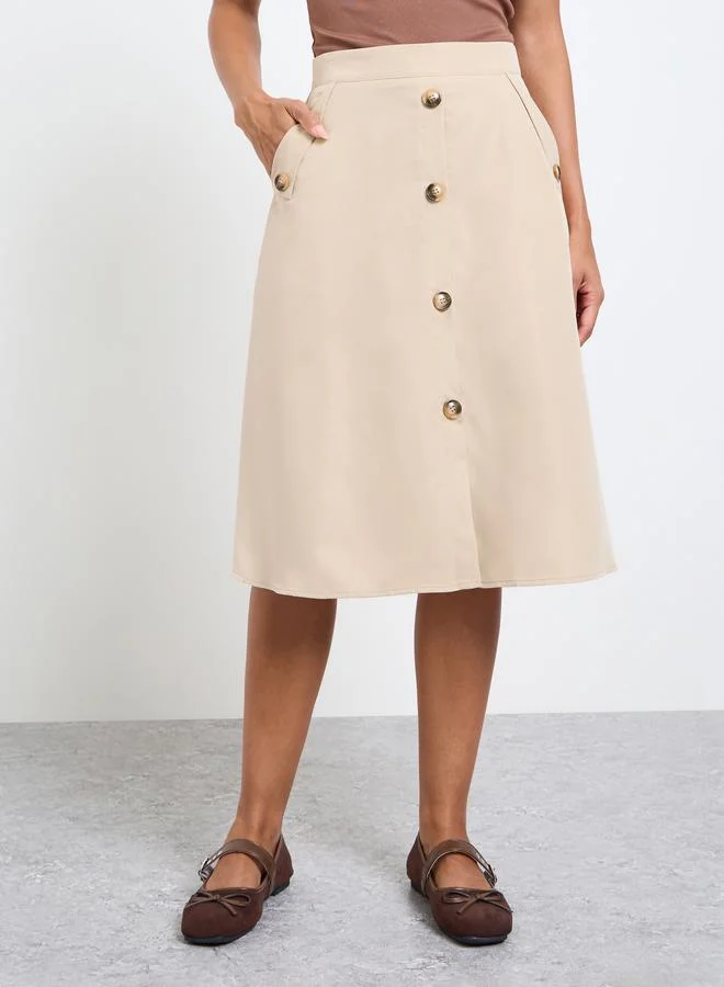 تايك تو Beige Button-Front Midi Skirt