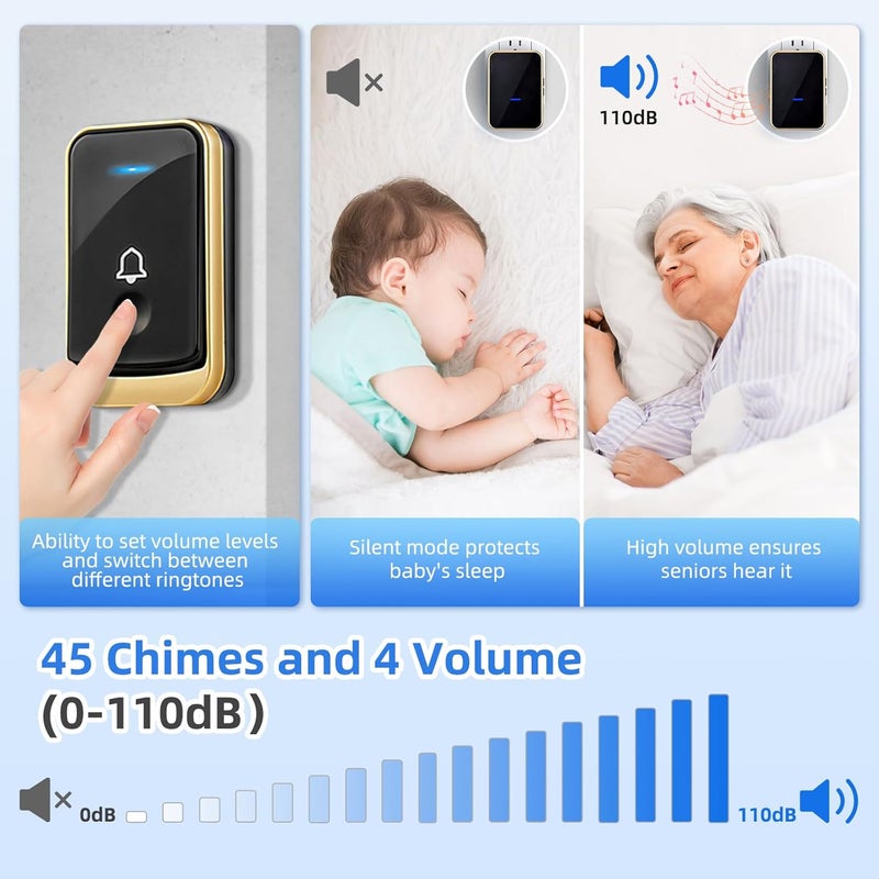 CallToU Wireless Doorbell, Waterproof Door Bell Kit, Over 500 feet Range and 45 Chime, 4 Levels Volume and LED Flash, Wireless Door Bell Kits for Home/Office/Classroom/Hospital - Image 4