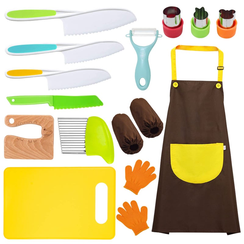 14 Pieces toddler knife Kids Knife Set Include Wood Kids Safe Knife Plastic Toddler Knife Cutting Board Apron Y Peeler Crinkle Cutter Kitchen Sleeves Covers Gloves Sandwich Cutter
