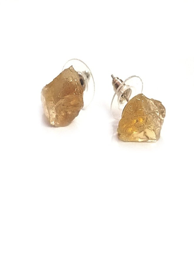 Astroghar Natural Citrine Crystal Raw Rough Uneven Shaped Stud Tops Jhumka Earring Ear Ring Pair For Women And Girls - Image 1