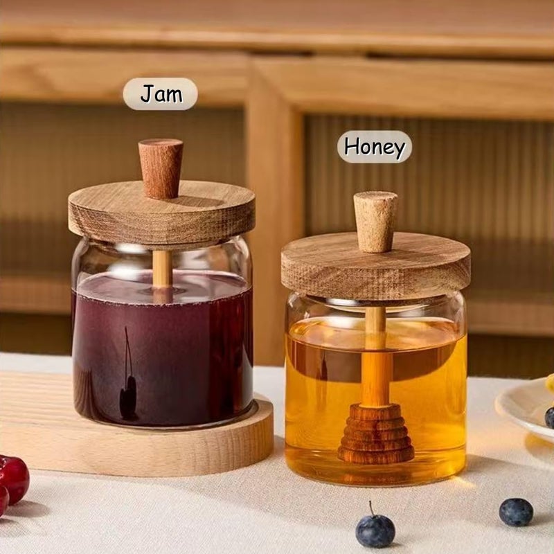 ANSQU Honey Pot, Airtight Glass Honey Jar with Dipper Stick and Wooden Lid, Honey Containers for Storing Honey, Mason Jar for Home Kitchen, 17oz - Image 1