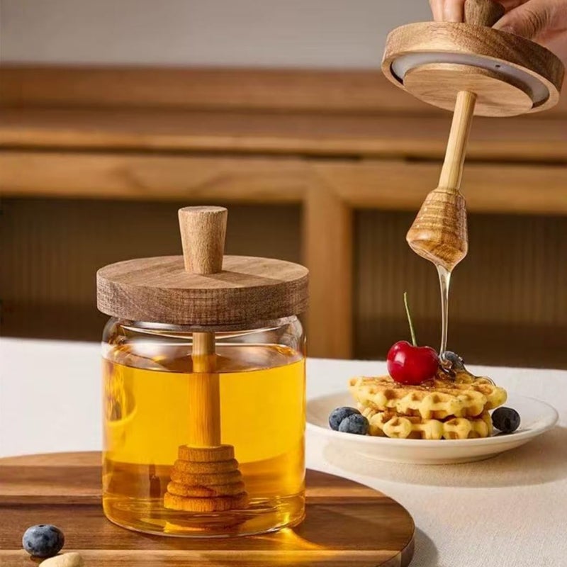 ANSQU Honey Pot, Airtight Glass Honey Jar with Dipper Stick and Wooden Lid, Honey Containers for Storing Honey, Mason Jar for Home Kitchen, 17oz - Image 3