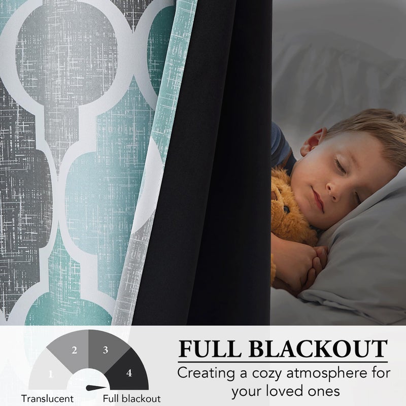 Beauoop 100% Blackout Curtains 84 Inches Long 2 Panels for Bedroom Living Room Aqua Grey Moroccan Geo Room Darkening Thermal Insulated Soundproof Grommet Top Window Treatments Drapes, 50x84 Set of 2 - Image 5
