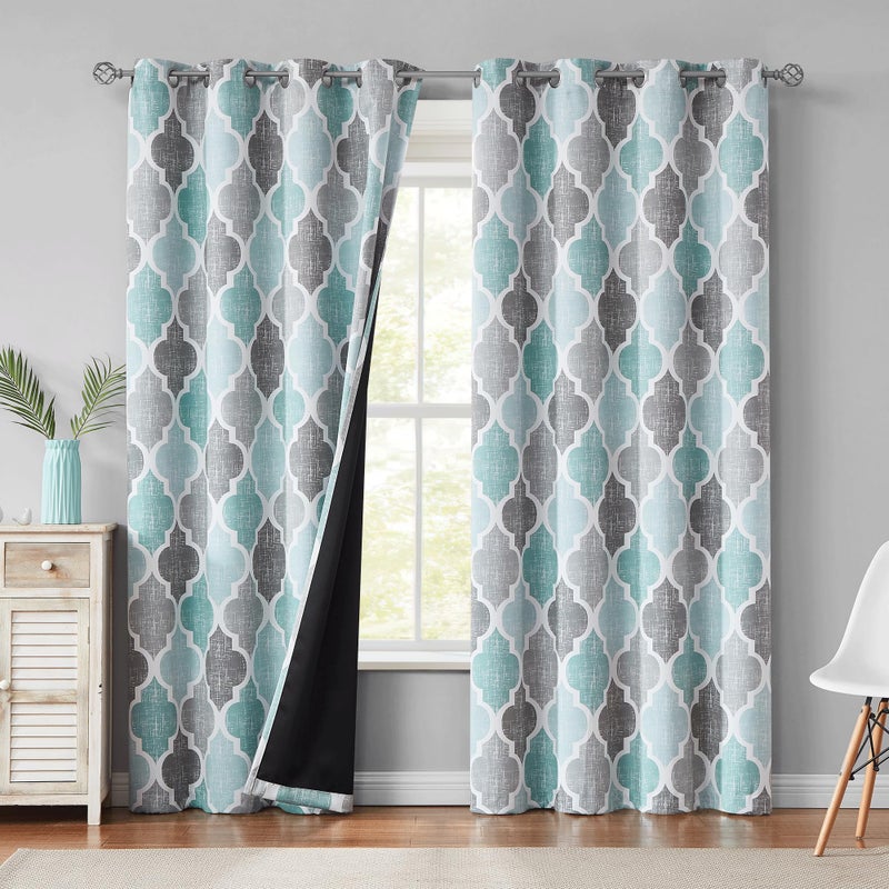 Beauoop 100% Blackout Curtains 84 Inches Long 2 Panels for Bedroom Living Room Aqua Grey Moroccan Geo Room Darkening Thermal Insulated Soundproof Grommet Top Window Treatments Drapes, 50x84 Set of 2 - Image 1