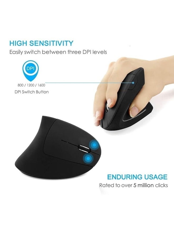 Generic - Rechargeable Ergonomic Wireless Mouse, 2.4G USB Optical Vertical Mouse with 3 Adjustable DPI 800/1200/1600 Levels  for Computer, Laptop, PC, MacBook (Black) - Image 1