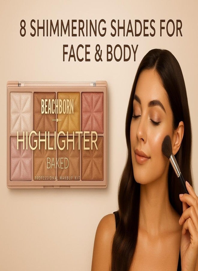 BEACHBORN INDIA Multicolor 8 Colour Highlighter Baked Palette Highly Pigmented and Blendable | Matte Finish | Perfect Makeup with Radiant, Buildable Shades 10.8g (BBI-02-04 SHADE NO 1, 10.8G) - Image 5