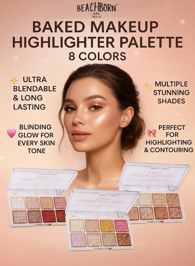 BEACHBORN INDIA Multicolor 8 Colour Highlighter Baked Palette Highly Pigmented and Blendable | Matte Finish | Perfect Makeup with Radiant, Buildable Shades 10.8g (BBI-02-04 SHADE NO 1, 10.8G) - Image 3
