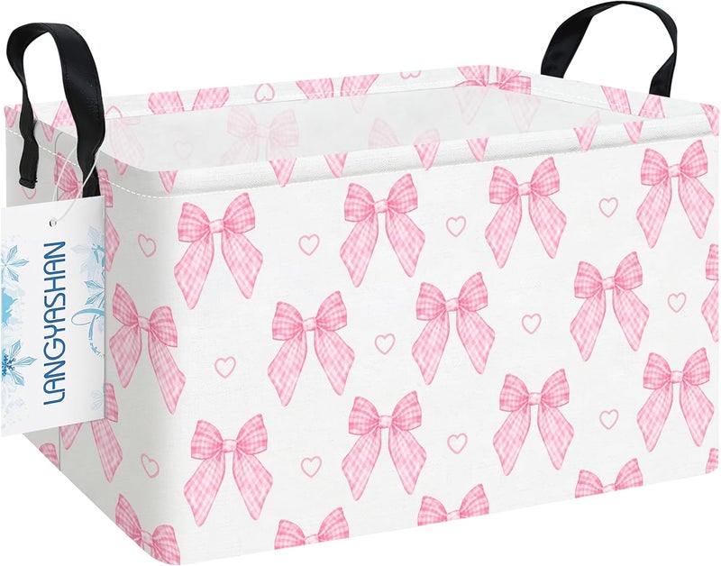 LANGYASHAN Rectangular Storage Bin Collapse Canvas Fabric Cartoon Storage Basket with Handles for Organizing Home Kitchen Boys and Girls Toys Office Closet Shelf Baskets(Rec Pink Bowknot) - Image 1