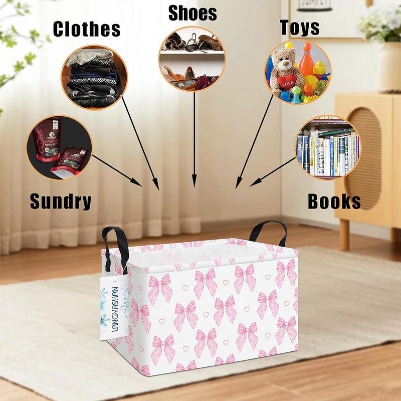 LANGYASHAN Rectangular Storage Bin Collapse Canvas Fabric Cartoon Storage Basket with Handles for Organizing Home Kitchen Boys and Girls Toys Office Closet Shelf Baskets(Rec Pink Bowknot) - Image 3