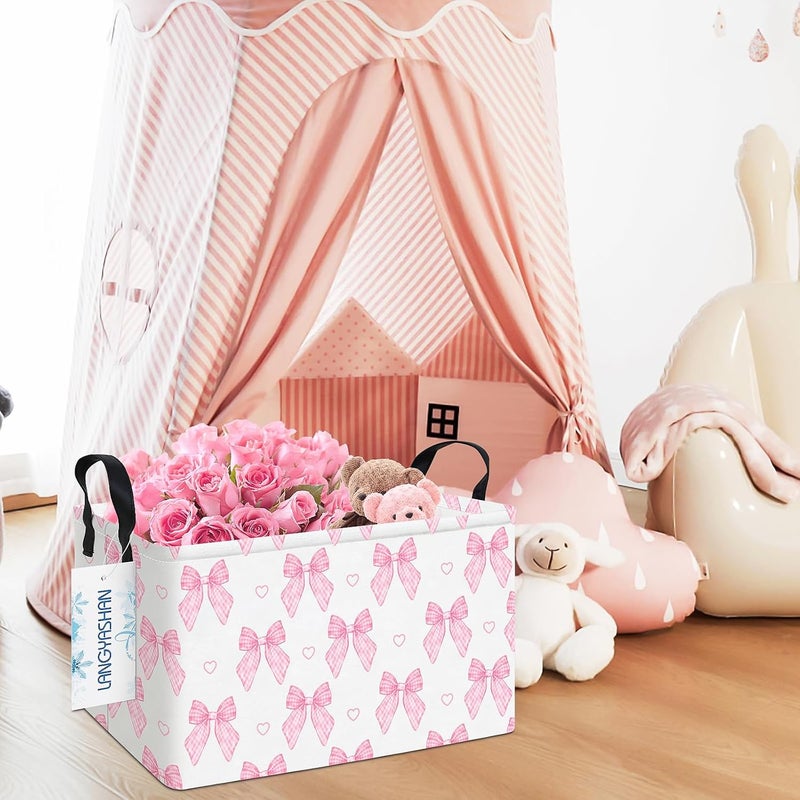 LANGYASHAN Rectangular Storage Bin Collapse Canvas Fabric Cartoon Storage Basket with Handles for Organizing Home Kitchen Boys and Girls Toys Office Closet Shelf Baskets(Rec Pink Bowknot) - Image 5