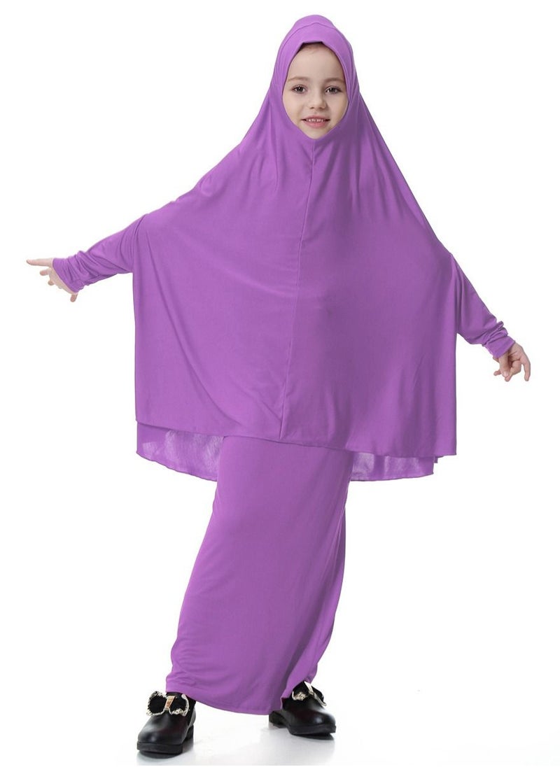 Loquat - Girl's Traditional 2-Piece Set Solid Color Abaya Robe And Skirt Suit Lavender Purple - Image 1