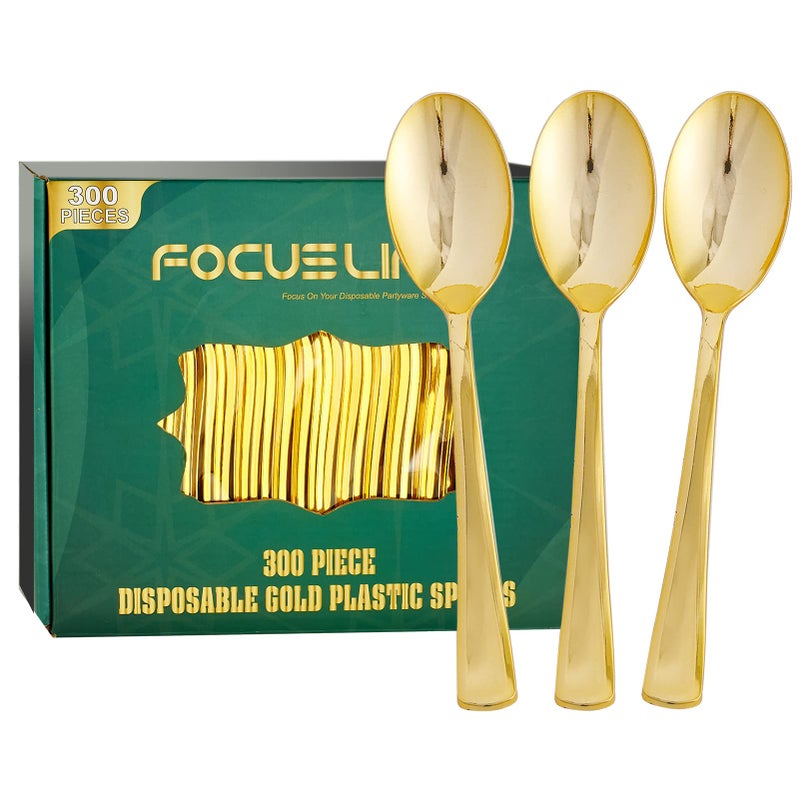 FOCUSLINE 300 عبوة 68 ملعقة بلاستيكية ذهبية قابلة للتصرف أدوات مائدة بلاستيكية صلبة ومتينة أدوات مائدة قابلة للتصرف للاستخدام الثقيل أدوات مائدة فضية للحفلات والمناسبات وحفلات الزفاف