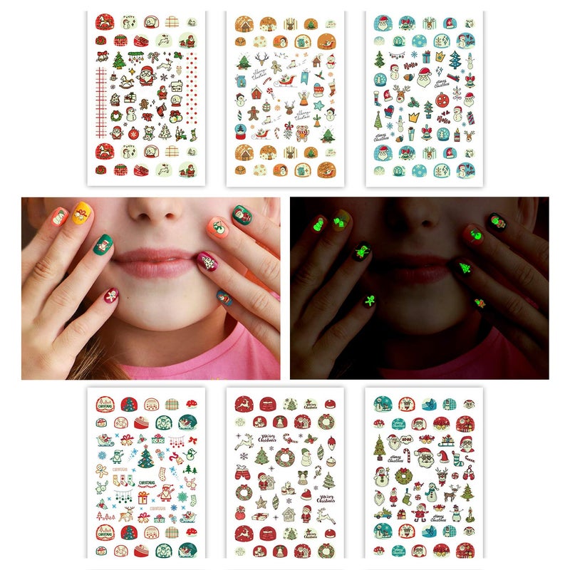 Partywind Luminous Christmas Nail Stickers for Kids Girls Glow SelfAdhesive Nail Decals for Nail Art Decorations Holiday Nail Stickers with Snowflakes Xmas Tree Santa Snowman 6 Sheets