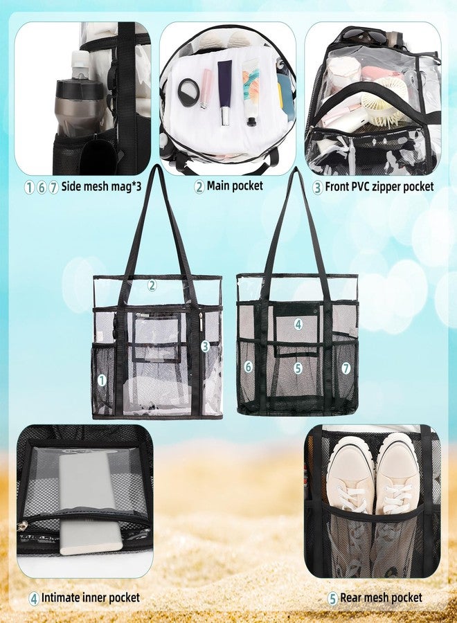 TINYAT Large Clear Tote Bag for Women Mesh Beach Bags with Zipper Transparent Travel Bags Shoulder Bag for Vacation Swim Gym - Image 4