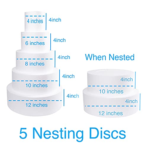 SilverlakeLLC Silverlake 5-Tier Round Cake Dummy Set - Nesting 4"H x 4,6,8,10 & 12"Dia Discs for Styrofoam Baking Display Projects - Image 5