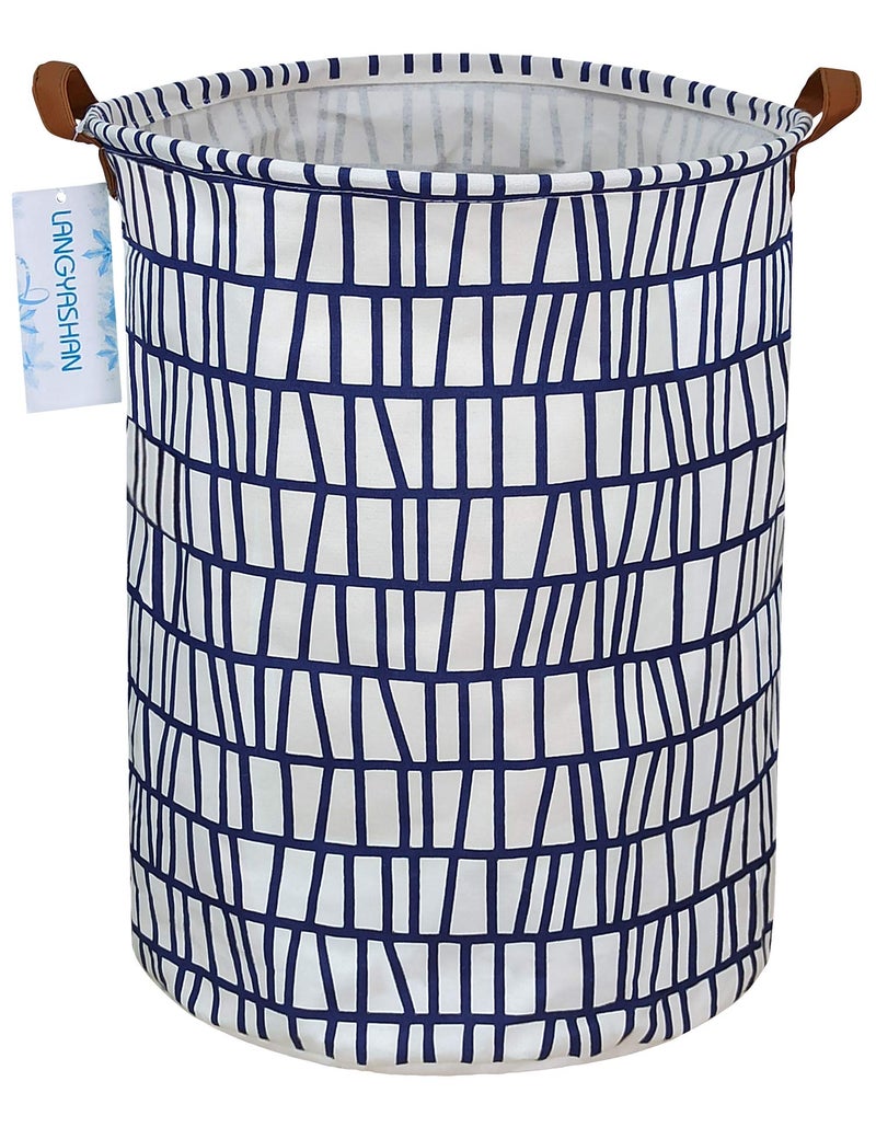 LANGYASHAN Laundry Basket Canvas Fabric Collapsible Organizer Basket for Storage Bin Toy Bins Gift Baskets Bedroom Clothes Children Nursery Hamper Blue Stripes