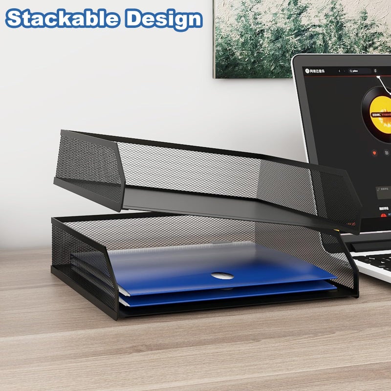 Natwind 2-Tier Stackable Paper Tray, Metal Mesh Desktop Organizer, A4 Paper Sorter, Letter Trays,File Folder Sorter Organizer with Sliding Tray for Home, Office, School (Black) - Image 3
