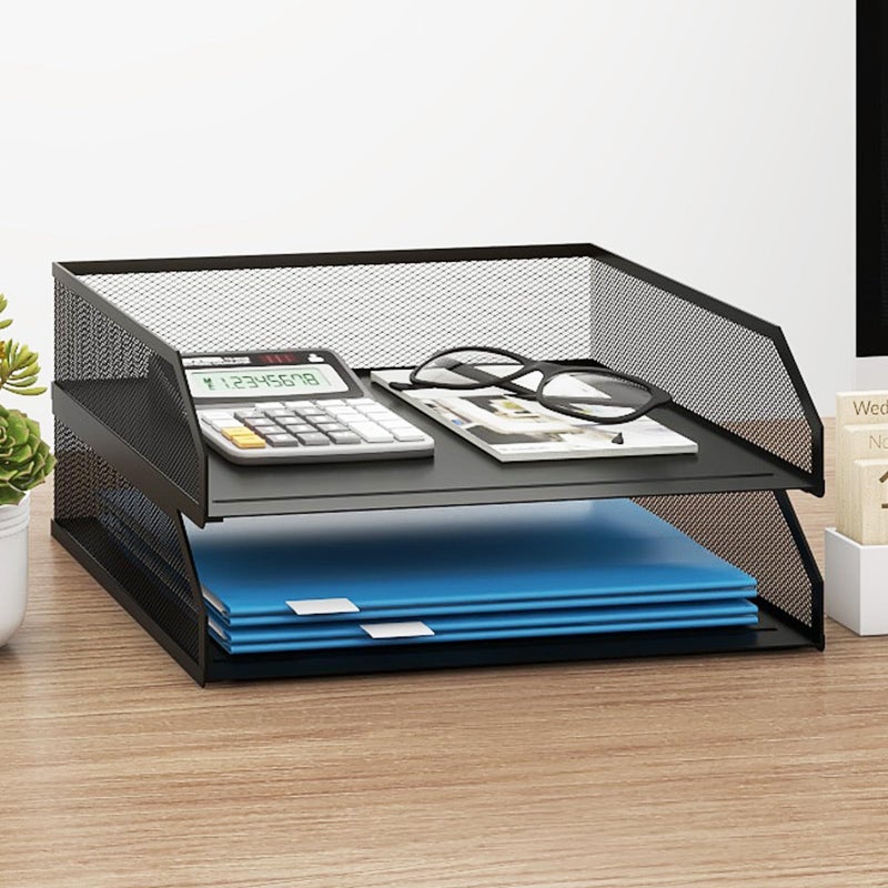 Natwind 2-Tier Stackable Paper Tray, Metal Mesh Desktop Organizer, A4 Paper Sorter, Letter Trays,File Folder Sorter Organizer with Sliding Tray for Home, Office, School (Black) - Image 1