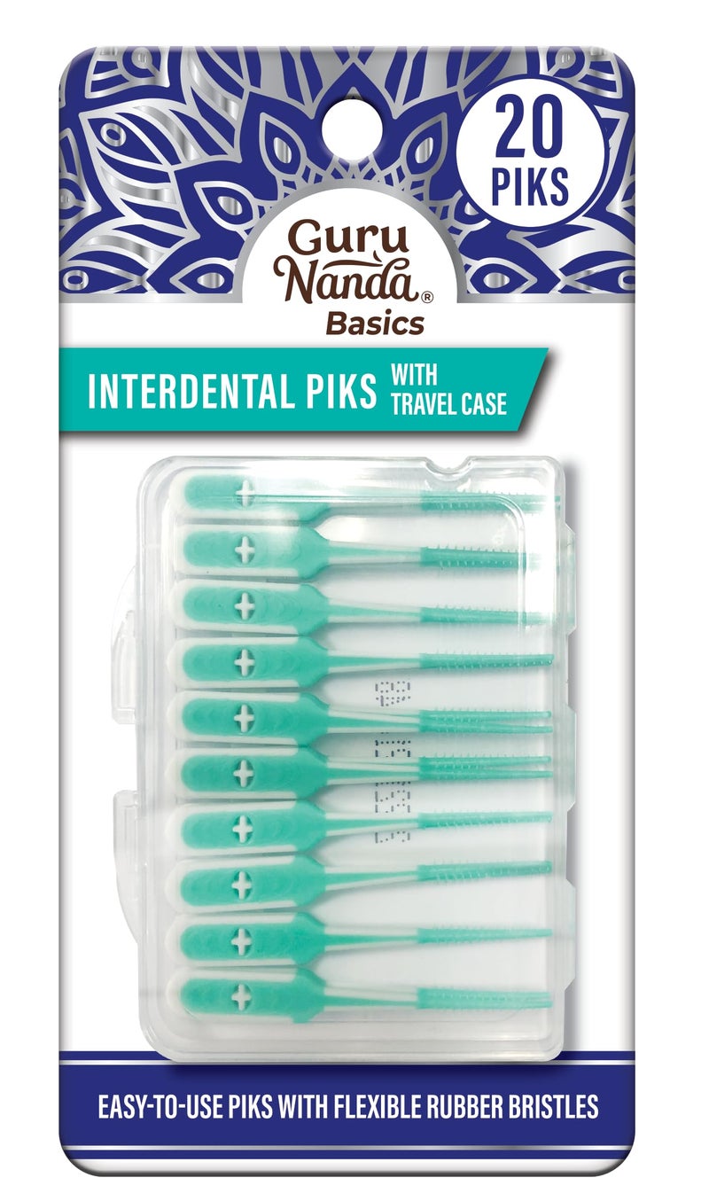 GuruNanda Interdental Picks with Travel Case  Floss Tooth Pick for Teeth Cleaning  Flexible Rubber Bristles  20 Picks