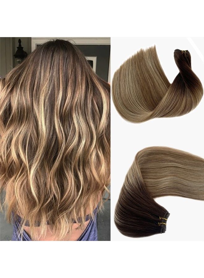 Benafee إضافات شعر حقيقية بشري 16 بوصة مستقيمة حزم شعر مخيطة باليد بالايج بني داكن إلى بني رمادي إلى أشقر مبيض إضافات شعر بشري مخيطة باليد مزدوجة الخيوط - Image 1