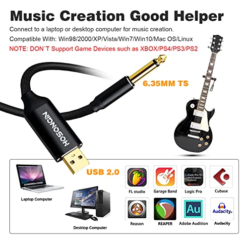 HOSONGIN [Upgraded Version] USB Guitar Cable, Guitar 1/4 Inch TS to Computer USB Interface Cable Adapter for Instruments Recording Singing, Premium Braided Shielding Cable, Length 10FT - Image 2