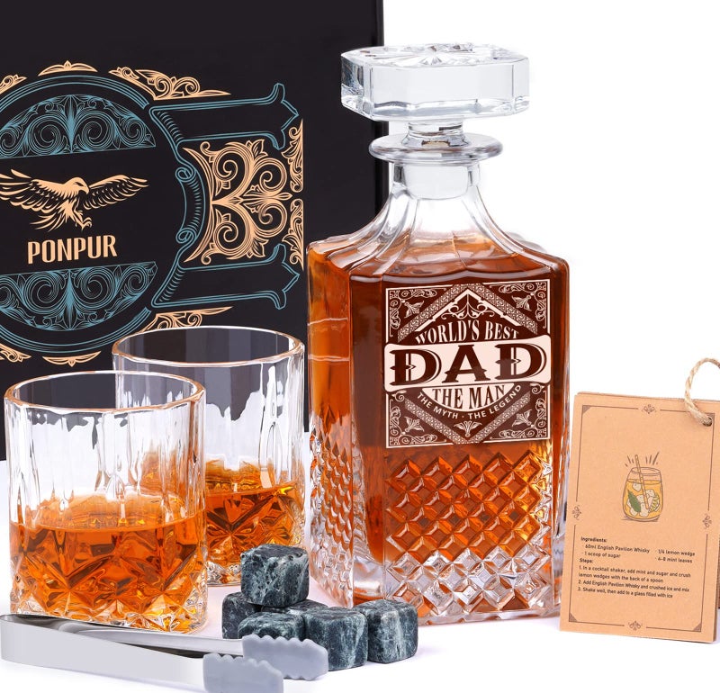 Ponpur 1965 60Th Birthday Gifts For Men Dad  1965 Laser Whiskey Decanter Set With Gift Box  Anniversary Bday Gift Ideas For Him Husband  60 Years Decorations  Whiskey Glasses & Whisky Stones Inc. - Image 1