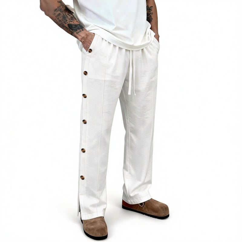 Men's Cotton Linen Beach Pants with Elastic Waist Drawstring Side Slit Hem - Image 1