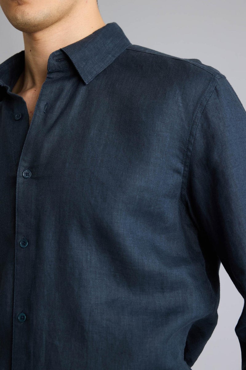 DeFacto Blue Man Regular Fit Polo Collar Linen Shirt Casual - Image 4