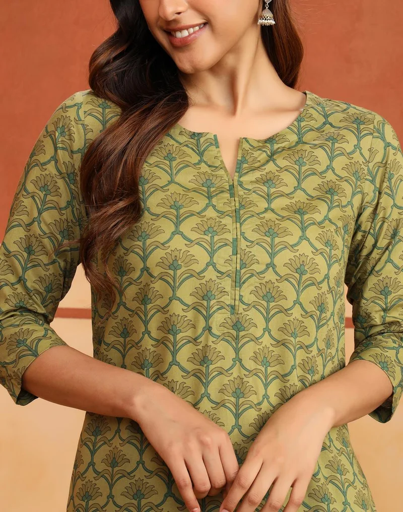 Fabindia  Avni Green Cotton Printed Kurta & Pant Set for Women | Best Price UAE