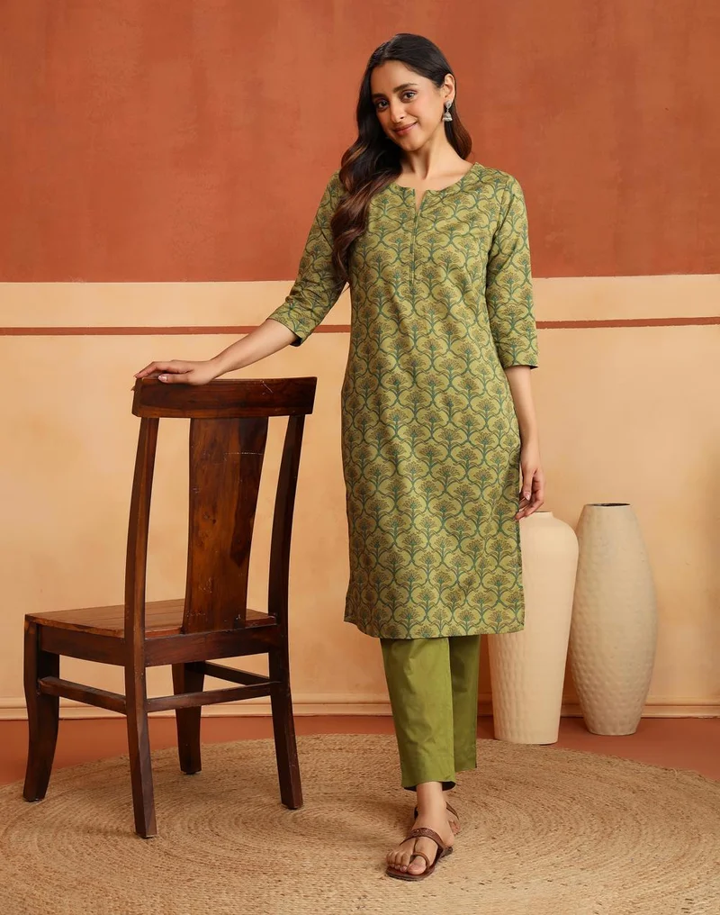 Avni Green Cotton Printed Kurta & Pant Set