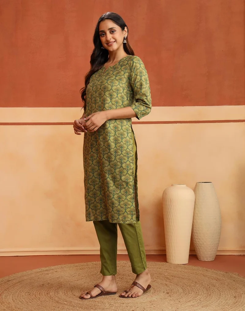 Fabindia  Avni Green Cotton Printed Kurta & Pant Set for Women | Best Price UAE