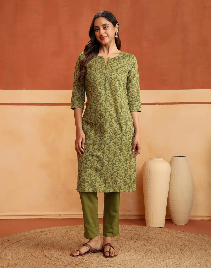Fabindia  Avni Green Cotton Printed Kurta & Pant Set for Women | Best Price UAE