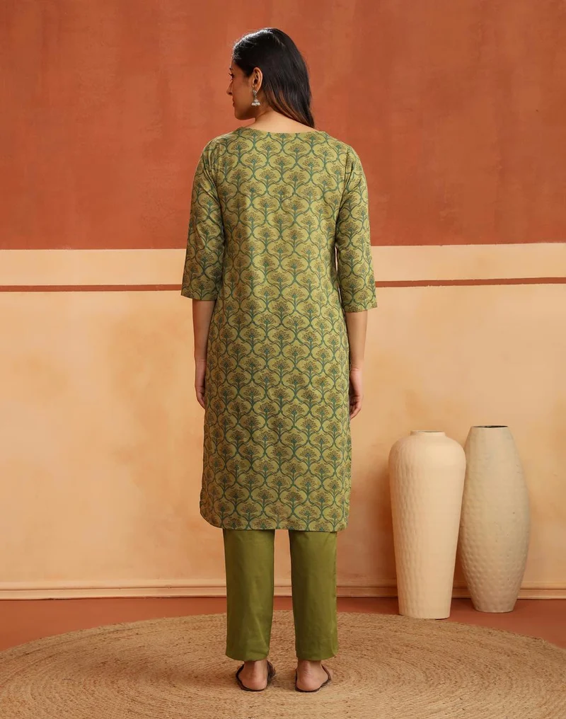 Fabindia  Avni Green Cotton Printed Kurta & Pant Set for Women | Best Price UAE
