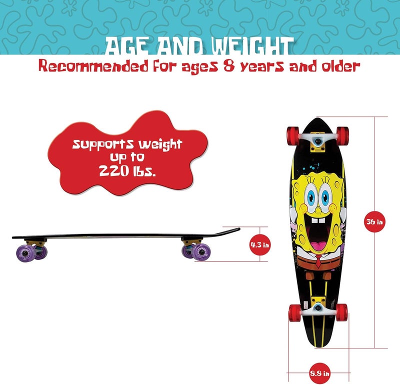 KRYPTONICS Spongebob 36" Longboard Skateboard – Durable Maple Deck, Smooth PU Wheels, Great for Kids, Teens & Beginners. - Image 2