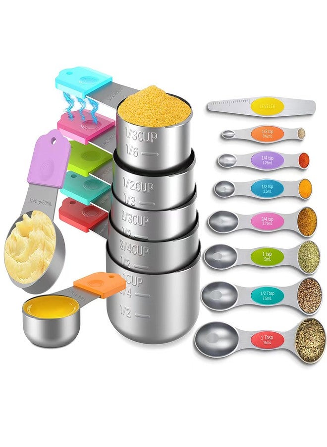Minteem Magnetic Stainless Steel Measuring Cups and Spoons Set, 8 Nesting Measuring Cups with Easy to Read Markings, 8 Magnetic Spoons & 1 Leveler for Measuring Dry or Liquid Ingredients, Multicolor - Image 1