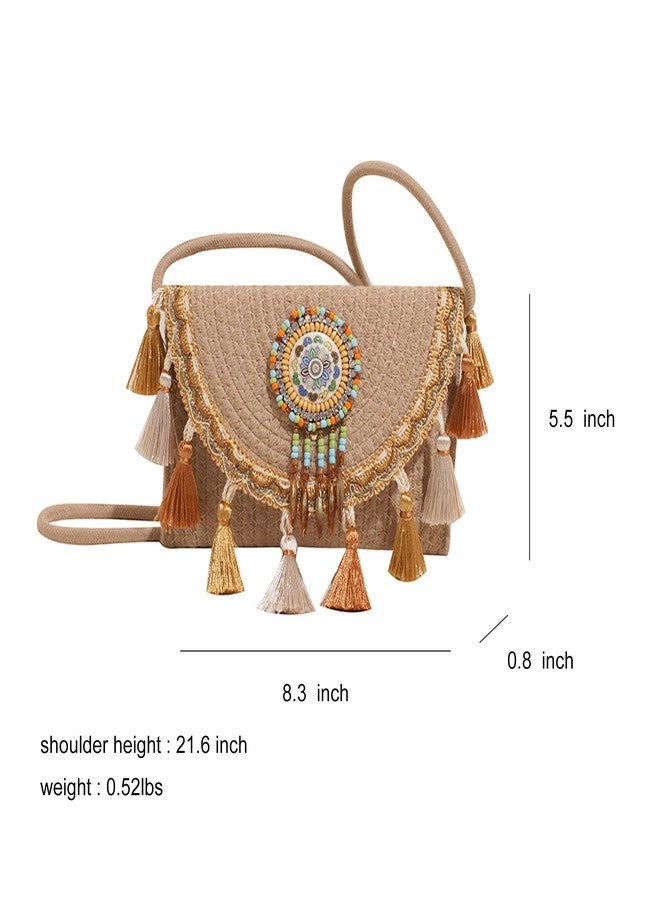 capasin Mandala Bohemian Knitted Envelope Purses Cute Boho Beach Woven Small Shoulder Bags for Women (Khaki) - Image 4
