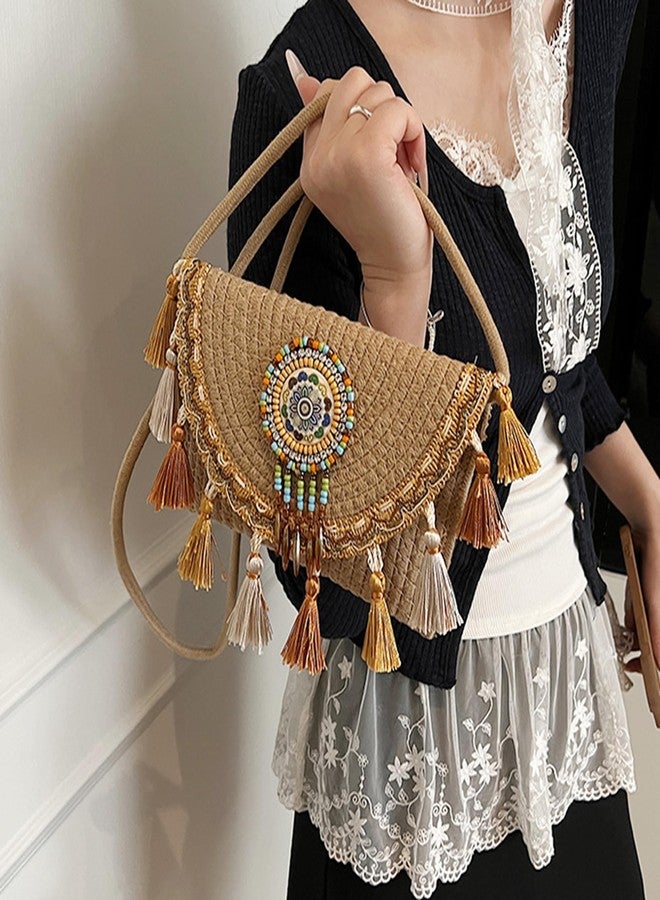 capasin Mandala Bohemian Knitted Envelope Purses Cute Boho Beach Woven Small Shoulder Bags for Women (Khaki) - Image 2