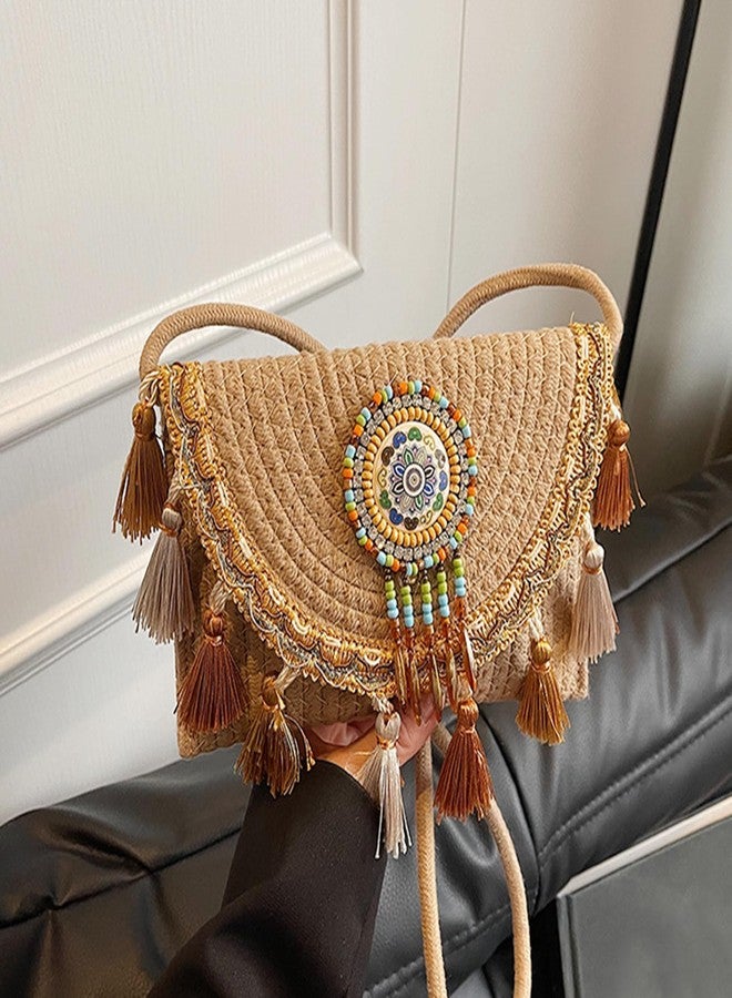 capasin Mandala Bohemian Knitted Envelope Purses Cute Boho Beach Woven Small Shoulder Bags for Women (Khaki) - Image 5