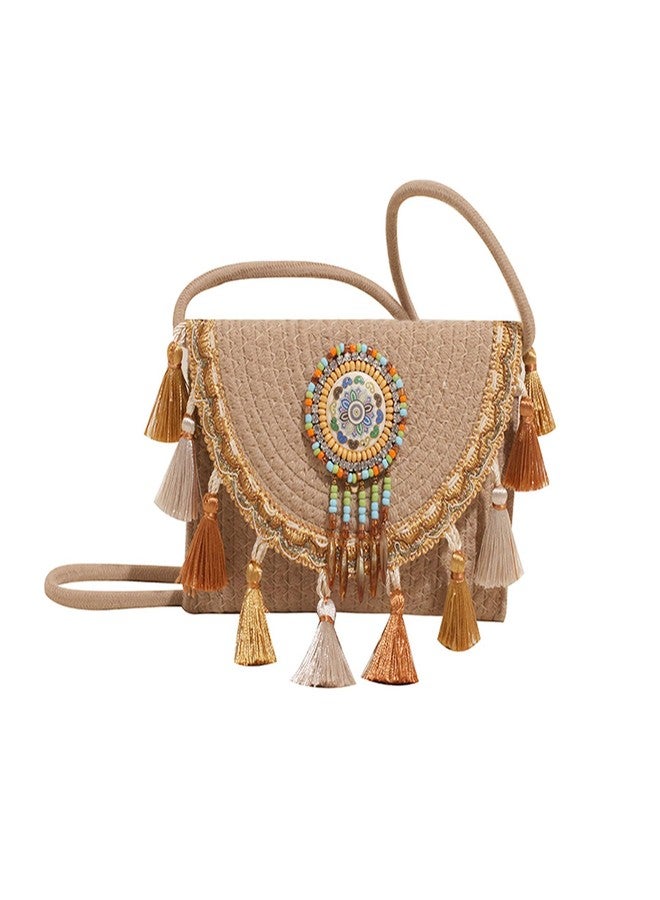 capasin Mandala Bohemian Knitted Envelope Purses Cute Boho Beach Woven Small Shoulder Bags for Women (Khaki) - Image 1