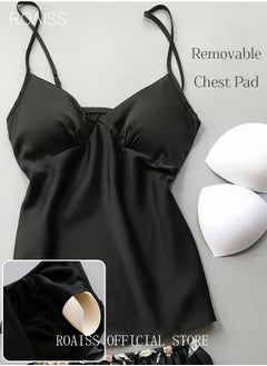 roaiss 5-Pack Women's Pajama Sets Sweet Floral Printing Homewear Ladies Nightwear Silky Clothes Suits Spring Summer Sleepwear Sling with Chest Pad Nightdress(Suspender Top + Suspender Skirt + Nightgown + Shorts + Trousers)Black  - Image 2