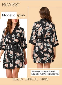 roaiss 5-Pack Women's Pajama Sets Sweet Floral Printing Homewear Ladies Nightwear Silky Clothes Suits Spring Summer Sleepwear Sling with Chest Pad Nightdress(Suspender Top + Suspender Skirt + Nightgown + Shorts + Trousers)Black  - Image 3