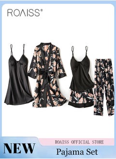 roaiss 5-Pack Women's Pajama Sets Sweet Floral Printing Homewear Ladies Nightwear Silky Clothes Suits Spring Summer Sleepwear Sling with Chest Pad Nightdress(Suspender Top + Suspender Skirt + Nightgown + Shorts + Trousers)Black  - Image 1