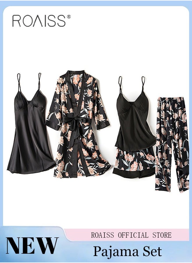 roaiss 5-Pack Women's Pajama Sets Sweet Floral Printing Homewear Ladies Nightwear Silky Clothes Suits Spring Summer Sleepwear Sling with Chest Pad Nightdress(Suspender Top + Suspender Skirt + Nightgown + Shorts + Trousers)Black  - Image 1